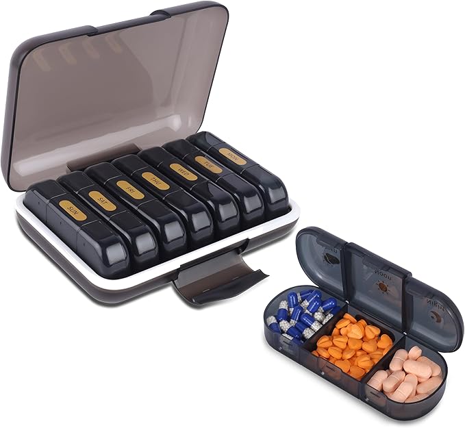 weekly pill organizer 3 times a day, portable travel pill box weekly with large compartments moisture-proof pill case for vitamin, Medicine, pills, supplements