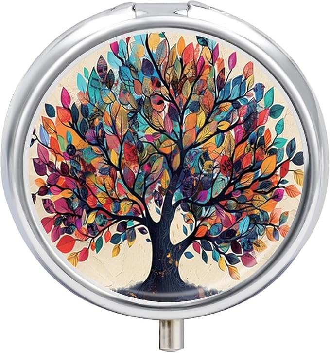 Pill Box-3 Compartment Small Pill Case, Portable Round Pill Box for Pocket or Purse, Decorative Metal Medicine Vitamin Organizer. (Tree)