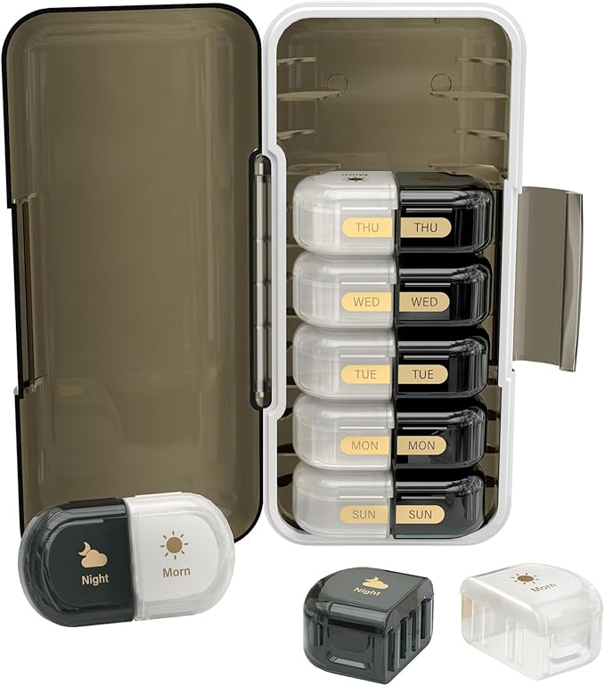 Weekly Pill Organizer 2 Times a Day, Moisture-Proof, Detachable Compartments, AM PM Pill Box 2X 7 Day, Travel Pill Organizer for Pills/Fish Oil/Medication/Vitamin/Supplements (Black + White)
