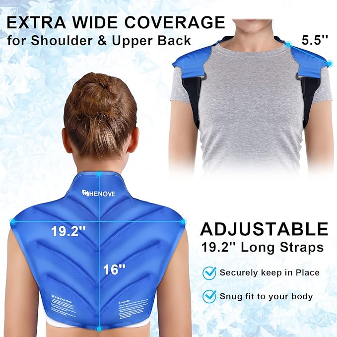 Chenove Ice Pack for Shoulders Upper Back with Strap, Neck and Shoulder Ice Pack Wrap Rotator Cuff Gel Reusable with Cold Compression Therapy, Soreness (Blue)