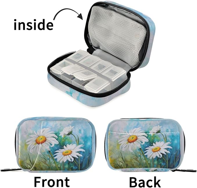Fustylead Vibrant White Daisy Flowers Oil Painting Travel Pill Organizer Case Zipper for Purse with Removable Weekly Pill Box for Medicine, Vitamin, Supplement Medicine Organizer