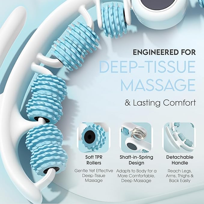 Cellulite Massage Roller, Fascia Blaster, Lymphatic Drainage Massager, Relieve Muscle Soreness, Body Sculpting Tool with Detachable Handles for Thighs, Legs, Buttocks, Gift Exfoliating Brush (Blue)