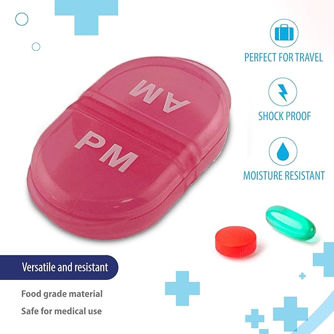 Deke Home - Pill Organizer AM PM, 2 Compartment Pill Box for Pocket or Purse, Small Daily Medicine Case, Travel Pill Holder, Easy Open Pill Container for Seniors, Vitamins & Supplements (Pink)