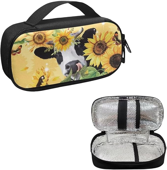 Insulin Cooler Travel Case, Cute Sunflower Cow Insulated Diabetic Bag with Handle Portable Medication Cooler Bag for Insulin Pens and Blood Glucose Monitor Supplies