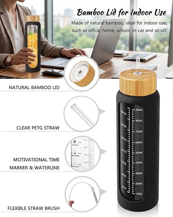 Nefeeko 32 oz Glass Water Bottles with Straw, Time Marker, Motivational 1 Liter BPA FREE Leakproof Reusable Glass Water Bottle with Silicone Sleeve, Bamboo, Spout Lid