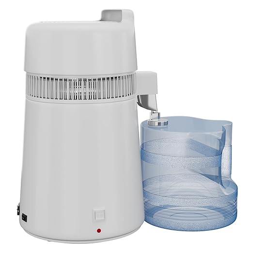 6L Countertop Stainless Steel Distilled Water Purifier, Distilled Water Making Machine with Plastic Container, Ideal for Household, Workplace, Lab, and Aquarium Usage-White