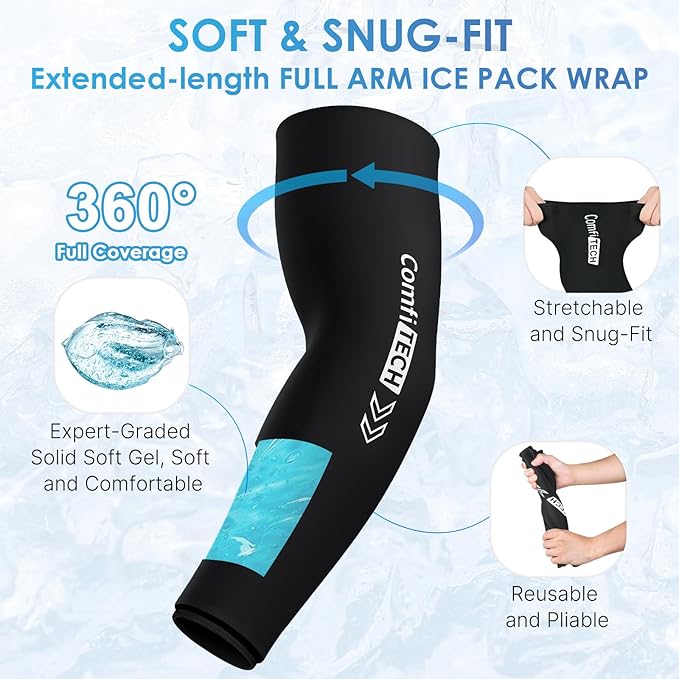 ComfiTECH Full Arm Ice Pack Wrap for Pitchers, Extended-Length Flexible Ice Sleeve for Tennis Elbow, Forearm, Wrist Discomforts, Golfers Arm, Shin Splints, Cold Pack for Athletes Throwing Recovery, L