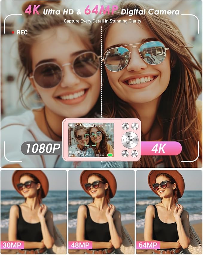 4K Digital Camera, Wevoor 64MP Point and Shoot Digital Camera with Autofocus, 18X Zoom, 20 Filters, 64GB SD Card, 2000 mAh Battery, 2.8" Screen Compact Vlogging Camera for Beginners Teens Adult(Pink)