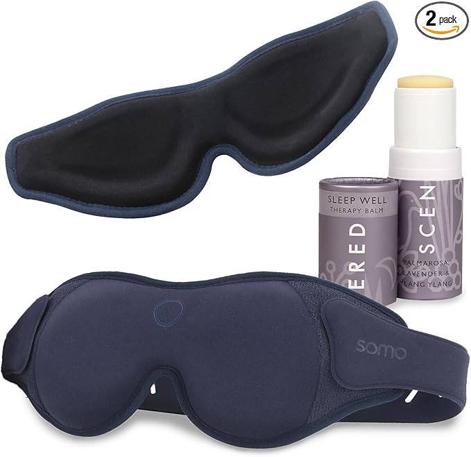 Scentered x SOMO Luxury Blackout 3D Sleep Mask for Side Sleepers & Sleep Well Aromatherapy Balm - Acupressure Eye Mask with Eyelash Space, Hypoallergenic - 4-in-1 Sleep Gift Set with Pouch & Wash Bag