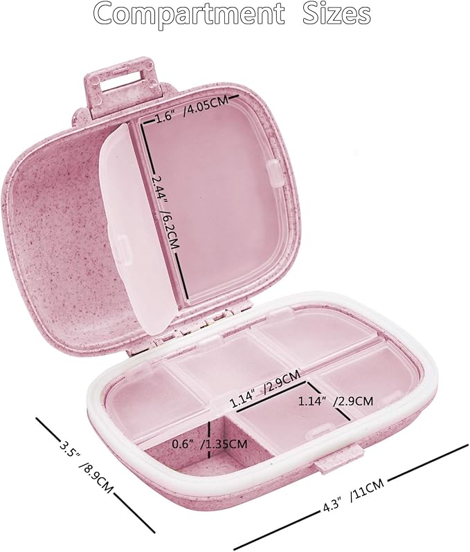 Travel Pill Organizer Small Pill Box Portable Daily 8 Compartment Pill Case for Purse Pocket Medicine Vitamin Holder Container（Wheat Pink）