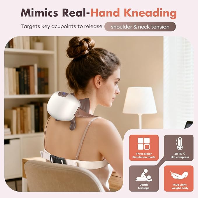 4D Neck Massager,Shoulder Hot Compress Massager, a wireless and portable massager that simulates human hand operation,suitable for relieving neck pain and relaxing muscles,with 3 adjustment modes.