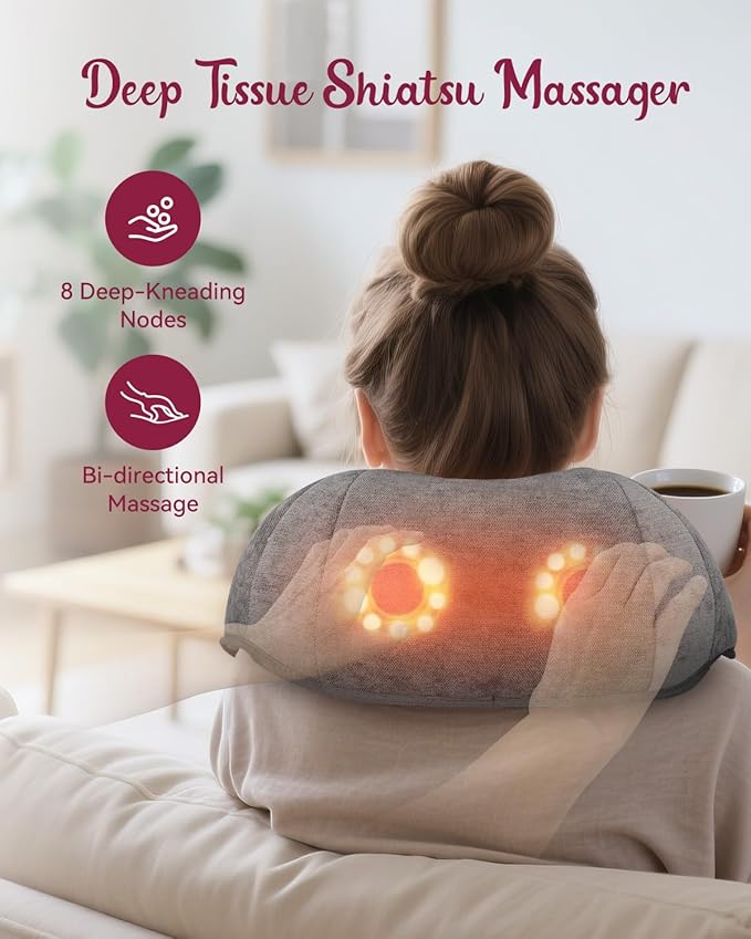Cordless Neck Massager for Pain Relief Deep Tissue, Kneading Shiatsu Neck and Shoulder Massager with Heat,Cordless Massager for Back and Shoulder Pain, Gifts for Women Men Home Office Christmas