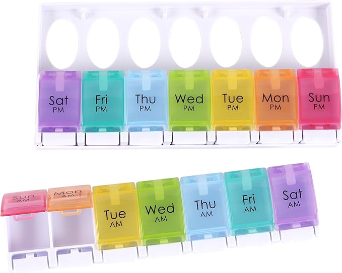 Weekly Pill Organizer 7 Day Large Storage Pill Box AM PM Daily Easy Fill Medicine Pill Cases Two Time A Day Pill Case Rainbow Design
