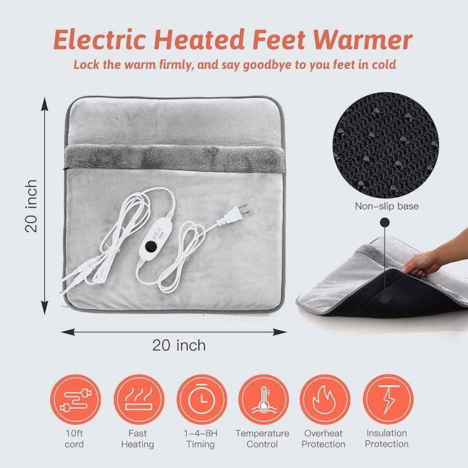 Double Sided Electric Foot Warmer with Machine Washable & 8 Hrs Timer, Feet Heating Pads Non-Slip,Electric Heated Warmers for Bed,Under Desk,Office,Home,Christmas Gifts,Grey,20''*20