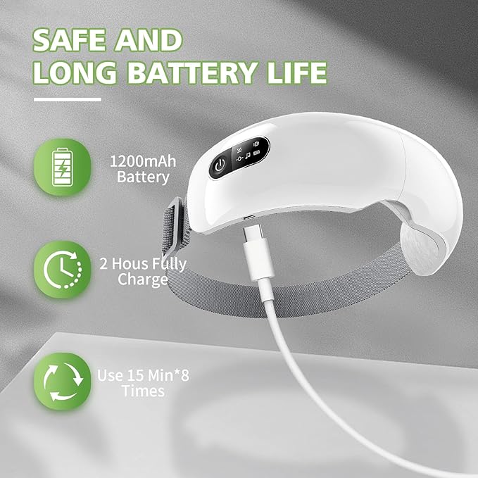NOWWISH Eye Massager with Heat, Vibration and Bluetooth Music for Migraine Headache Eye Strain Relief, Heated Eye Mask with 4 Massage Modes, Relaxation -Mothers Day Gifts for Mom Wife -White