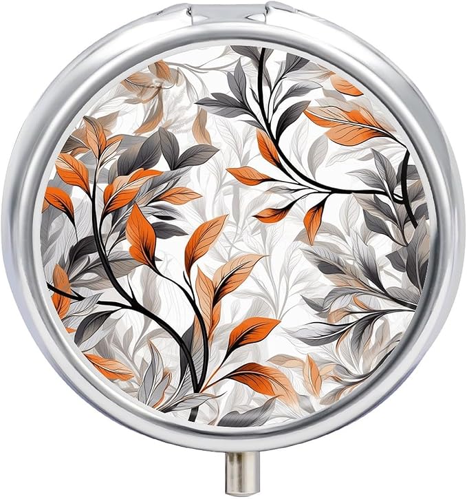Orange and Gray Leaves Pill Box Travel Pill Case for Purse Pocket Weekly Medicine Organizer with Mirror 3 Compartment Round Medicine Case Portable PillcaseHolder for Daily