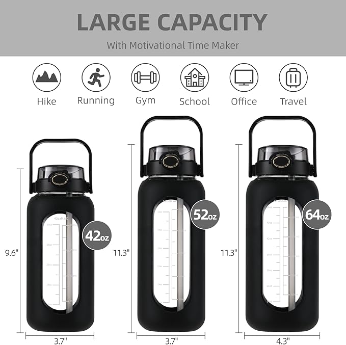 Glass Water Bottle with Straw and Handle Lid Half Gallon Motivational Glass Bottle with Silicone Sleeve and Time Marker Large Reusable Sports Water Jug for Gym Home Workout
