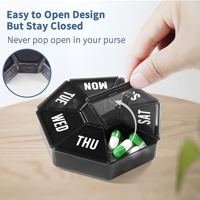 2 PCS-Large Weekly Pill Organizer,XL 7 Day Pill Box Case,Pill Dispenser Portable Small for Pocket or Travel,Pill Container for Vitamin, Cod Liver Oil, Pills, Supplements-Arthritis Friendly (Black)