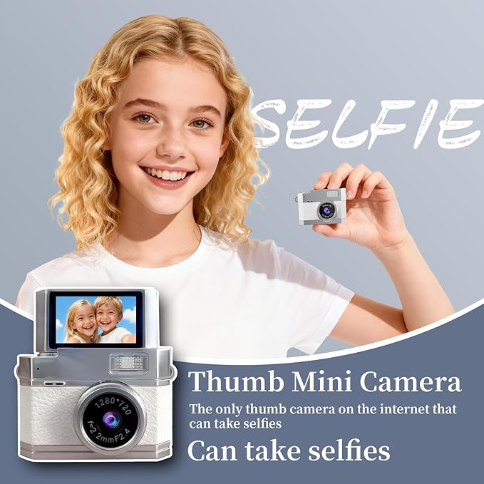 ‌Mini Keychain Digital Camera White - HD Mini Digital Camera with 0.96" Flip Screen & 32GB Card, Portable Wearable Keychain Camera for Bag Charm, Necklace Pendant, Selfie, for Mom