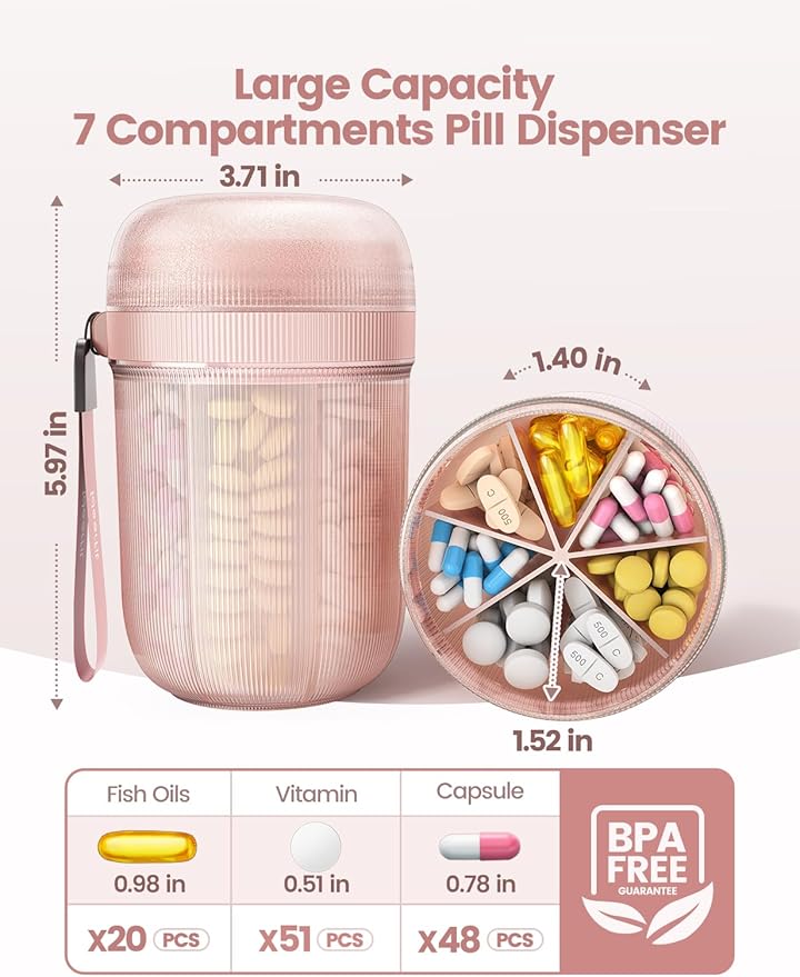 Large Pill Organizer with 7 Large Compartments,Pill Dispenser with Desiccant to Keep Medicines Fresh,Pill Bottle Organizer | Anti-Mixing | Light-Proof | Touch-Free,BPA-Free Vitamin Organizer,Blue