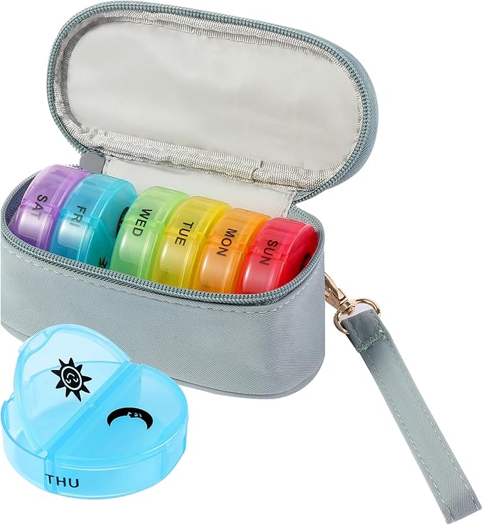 Weekly Pill Organizer 2 Times a Day, Travel Pill Box 7 Day with Large Opening, Pill Case with Handle, Pill Dispenser Medicine Organizer for Vitamins, Fish Oils, Medications, Supplements (Grey, Small)