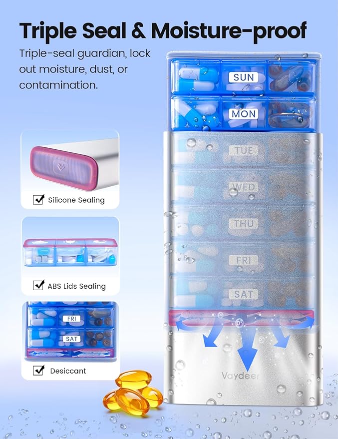 Vaydeer Metal Pill Organizer 3 Times a Day, Weekly Pill Box with Built-in Desiccant Compartment, Airtight 7 Day Travel Pill Case for Medication, Vitamins & Supplements (Black)