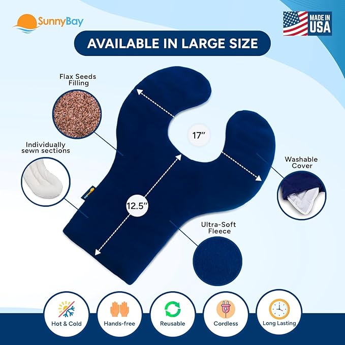 SunnyBay Shoulder and Upper Back Heating Pad, Microwavable Heated Neck and Shoulder Wrap, Weighted Moist Pain Relief Pack with Washable Cover and Flax Seed Filling, Large, Navy Blue