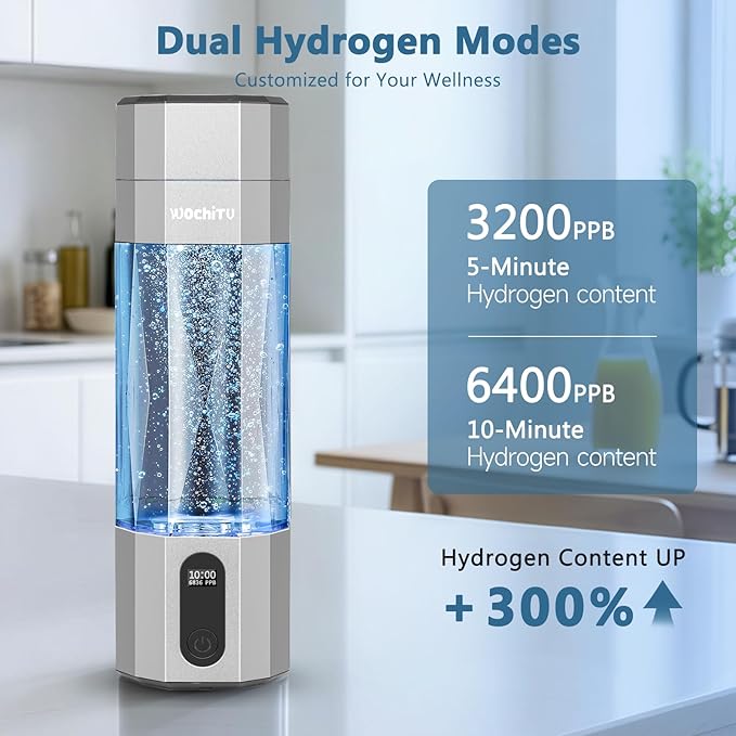 WochiTV Hydrogen Water Bottle Generator, 6400PPB High Concentration Portable Hydrogen Water Machine with SPE/PEM Tech & LED Display, 7oz Leak-Proof BPA-Free Bottle for Gym, Travel, Gifts SLIVER