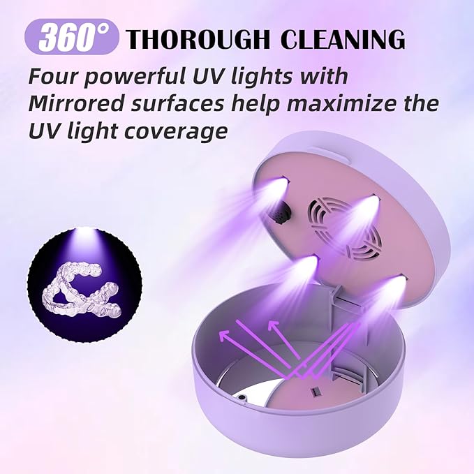 Voraiya UV Retainer Case with Fan, UVC Retainer Cleaner, Aligner Case Includes Vent Holes and Mirror, Portable Retainer Holder Box for Mouth Guard, Aligners, Night Guard, Purple