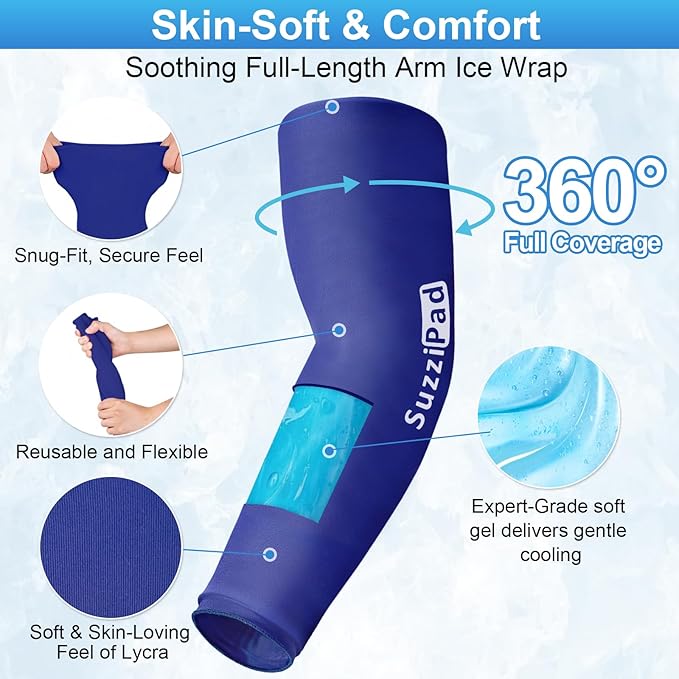 Suzzipad Extended-Length Elbow Ice Pack for Pitchers, Flexible Arm ice Pack Sleeve, 360° Reusable Gel Wrap for Upper Arm, Wrist, Shin Splint, Tendonitis and Golfers Relief, Blue, Large
