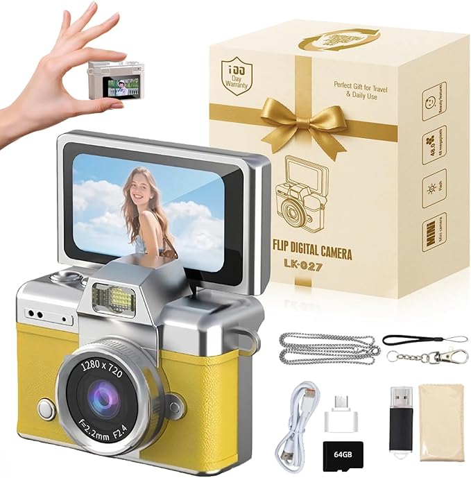 Vintage Mini Digital Camera Retro Mini Digital Video Keychain Camera Small Bodycam 1080P HD 0.96" IPS Screen Type-C 64G Card Included Portable for Photography Enthusiasts Travel (Yellow)