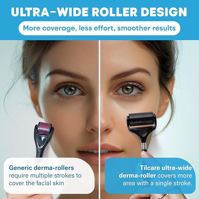 Ultra-Wide Derma Roller for Face - At-Home Microneedling Kit, 0.25 mm Microneedle for Skin Care, Scalp, Hair and Beard, Superior to a Microneedling Pen/Derma Pen