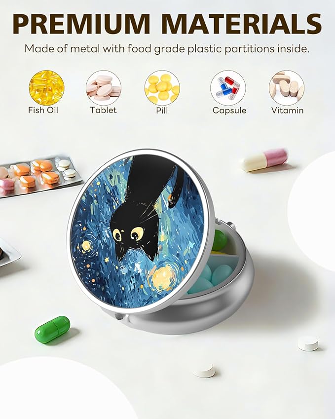 LRITER Pill Case, Portable Travel Pill Box, Pillbox Organizer, Cute Small Medicine Storage Container, Purse Accessories for Women, Men (Pill Case-Starry Sky Cat A)