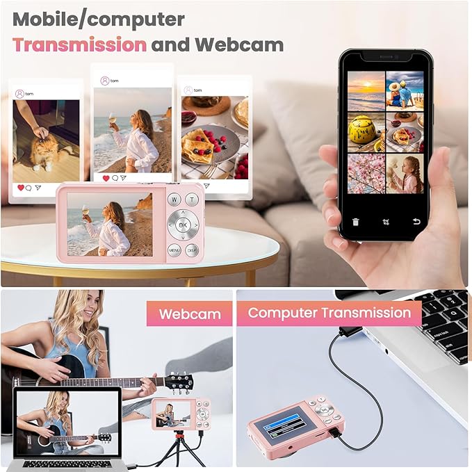 64MP 4K Digital Camera, Hoestr 18X Zoom Autofocus Point and Shoot Compact Camera with 64GB TF Card, Flash, 2.8" LCD Screen for Teens Gifts Adult Beginner Travel Photography Vlogging (Pink)