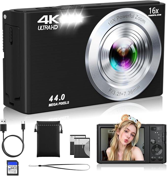 Digital Camera 4K, Autofocus Digital Compact Digital Camera,16X Digital Zoom Upgraded Travel Camera with 64GB SD Card,2 Batteries,Small Camera for Teens Kids Boys Girls,Black