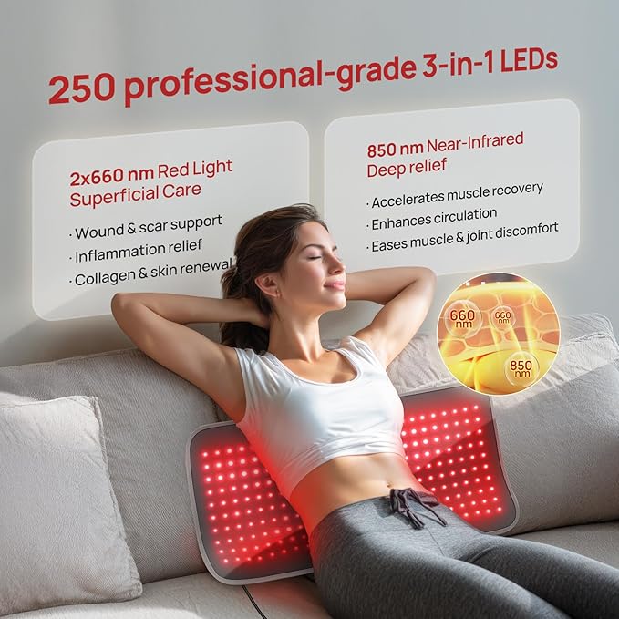Red Light Therapy for Body, 24" x 12" Large Size (250 LEDs) Near Infrared Red Light Therapy Mat, 660nm&850nm, Adjustable Timer and Power Levels, Sweat-Resistant & Easy-Clean for Pain Relief