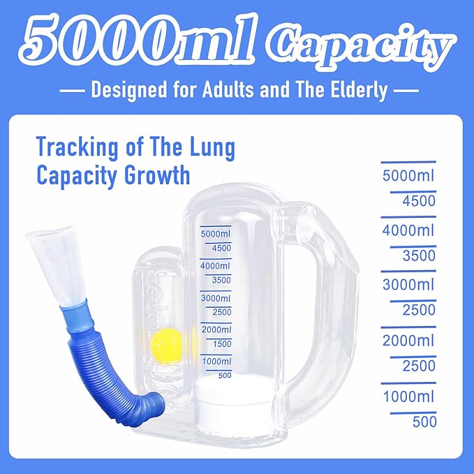 Incentive Spirometer Adult,Breathing Exercise Device for Lungs,Deep Breathing Trainer for Children and Adult,5000ml Volume Measurement with Flow Rate Indicator.