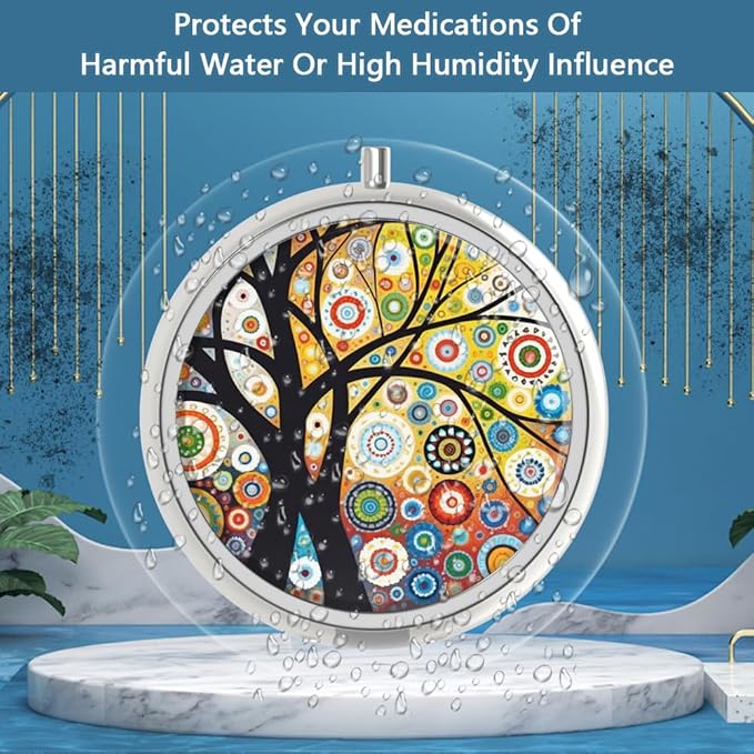 Pill Box 3 Compartment Small Pill Case,Portable for Pocket or Purse Pill Organizer Pill Container Holder to Hold Vitamins, Medication, Fish Oil and Supplements(Black Tree of Life)