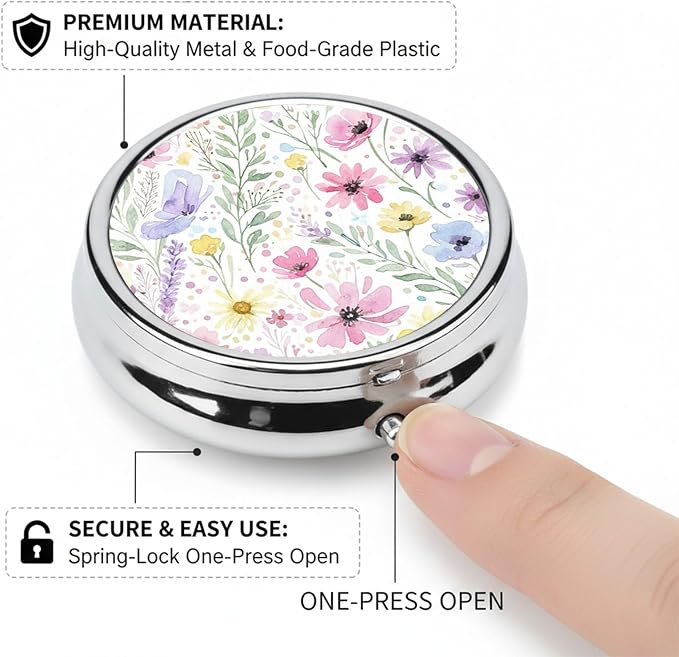 Round Pill Case Small Pill Box with Mirror Pocket 3 Compartment Vitamin Pill Medicine Case Organizer Pill Containers for Traveling Oil-Painted Wildflowers Two