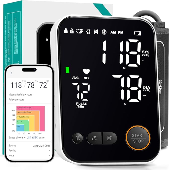 Blood Pressure Monitor Upper Arm - Bluetooth iOS & Android Compatible One-Button Operation Voice Broadcast Large LED Display Backlit 2x120 Memory Adjustable Cuff 8.7"-16.5" with Storage Bag Black