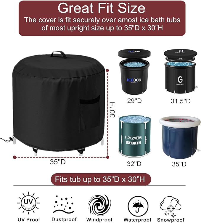 GS Alderaul Portable Ice Bath Tub Cover - Dustproof, Waterproof with Windproof Hem - Outdoor Ice Bath Barrel Cover for Cold Plunge Tub