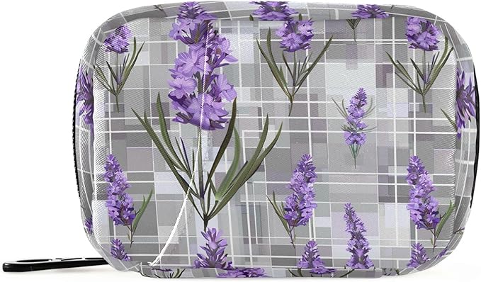 Lavender Flowers Grey Plaid 7 Day Travel Pill Organizer Case Weekly Small Pill Case Vitamin Supplements Holder with Zipper