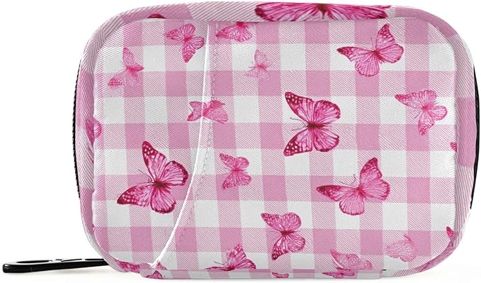 Checkered Pink and White Butterflies Travel Pill Organizer Case Box Container Weekly Portable Vitamin Medicine Holder Storage Bag with Zipper Removable