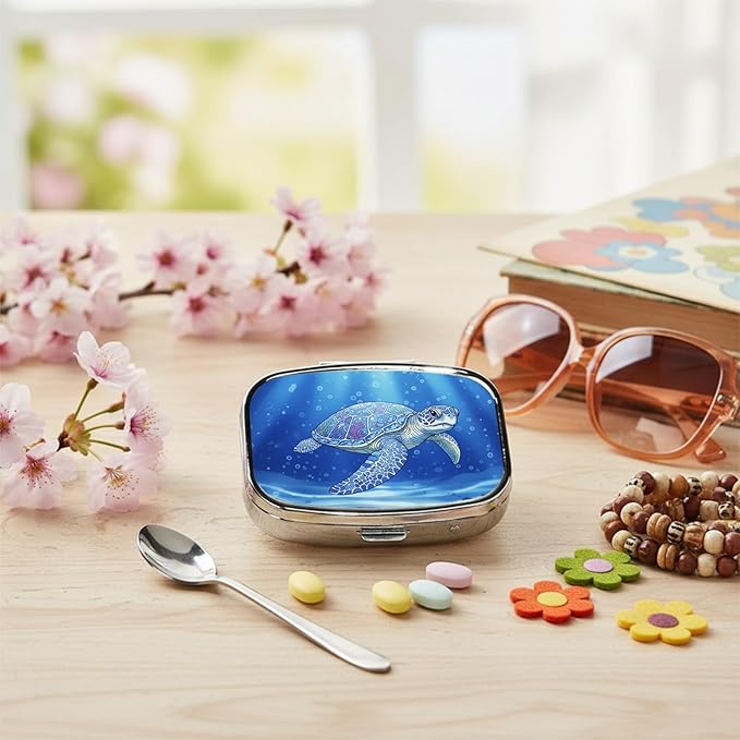 Square Pill Case Small Pill Box with Mirror Pocket 2 Compartment Vitamin Pill Medicine Case Organizer Pill Containers for Traveling Tranquil Sea Turtle