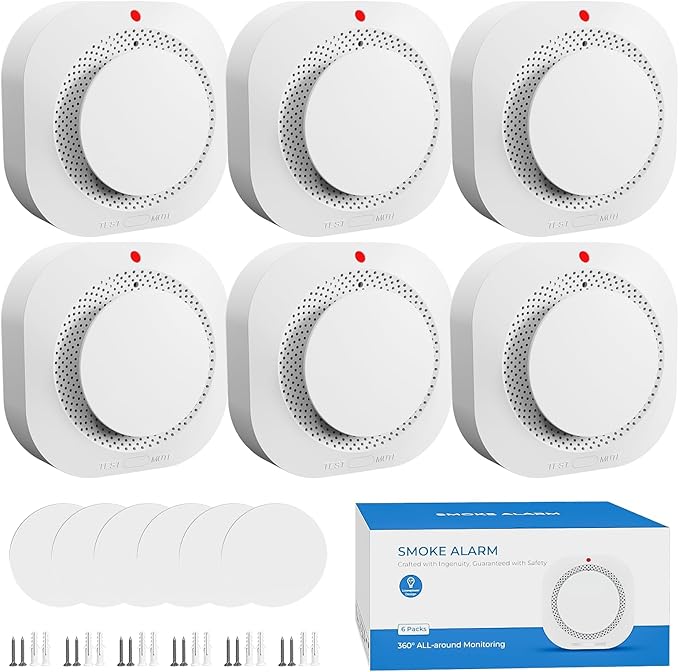 Smoke Detectors for Home,Photoelectric Wireless Fire Alarms Replaceable Battery Powered,Portable Smoke Alarm with Test/Mute Button,Attic Smoke Detector,6 Pcs