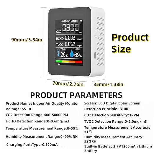 5-in-1 Indoor Air Quality Monitor, Professional Portable Detector&Accurate CO2,HCHO,TVOC,Humidity& Temperature,LED Display, 2s Refresh,for Home, Office,School, Hotel,Car Air Quality Tester (White)