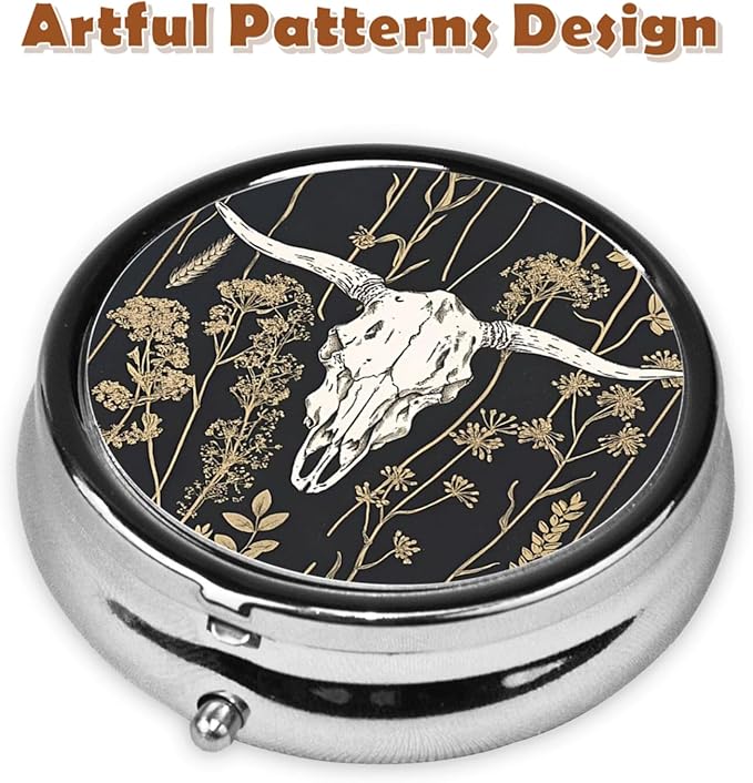 Metal Pill Organizer - 3-Compartment Mini Round Pill Case for Pocket & Purse, Portable Vitamin Holder, Easy-Open Design for Travel - Western Cow Skull Bones