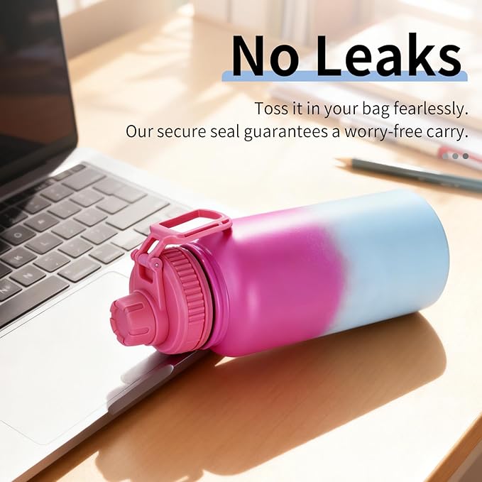 Motivational Water Bottle 32oz with Time Marker- Leakproof & BPA Free Sports Water Bottle with Straw & Carry Strap for Gym, Travel and Outdoor Sports (Stainless steel insulation-PurpleBlue)