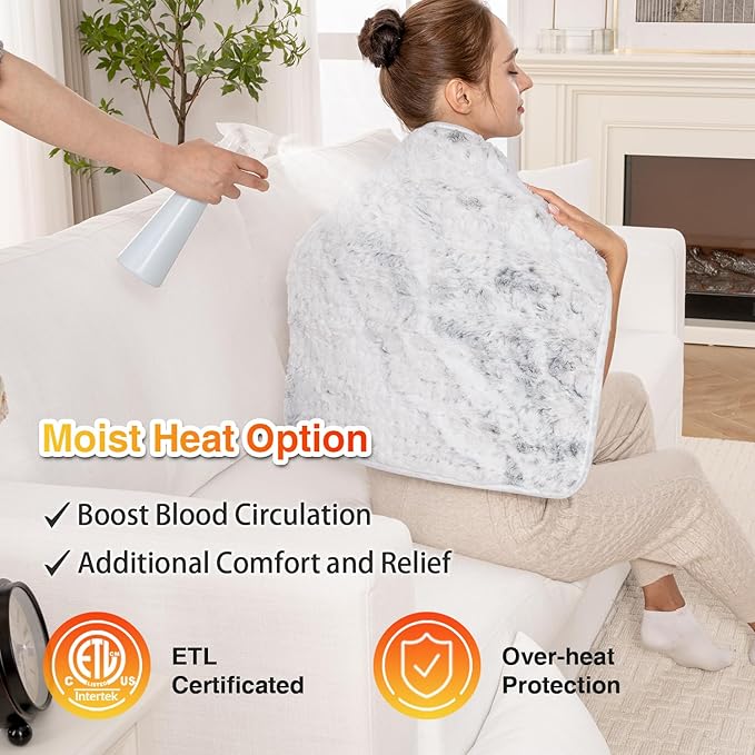 Woomer Heating Pad for Back Pain Relief, Extra Large Electric Heating Pad for Period Cramps, Moist&Dry Options, 6 Heat Setting, 2H Auto-Off, Cozy Faux Fur, 20” x 24”, Marble Blue