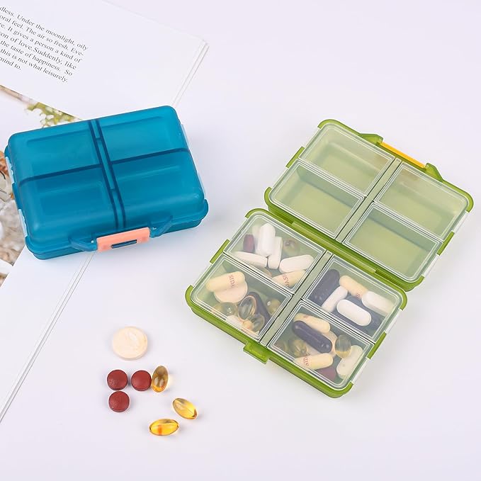 Travel Pill Organizer Small 8 Grid Compartments Pill Holder Box - Portable Medicine Container Case - Daily Weekly Medication Organizer
